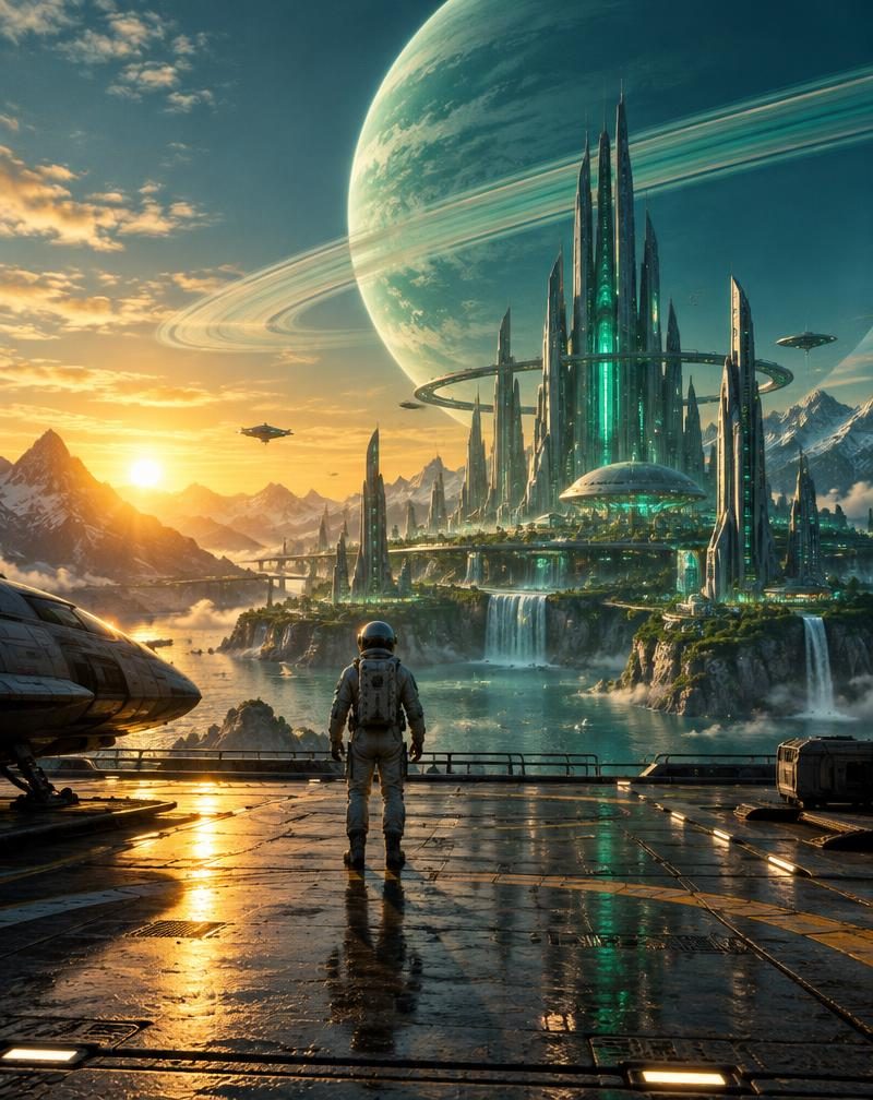 Astronauta diante de uma cidade futurista e um planeta com anéis ao pôr do sol