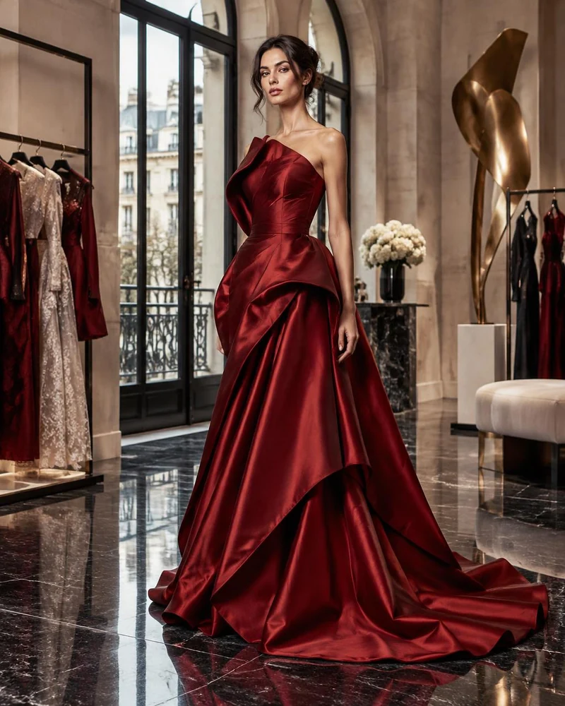 Modelo em vestido de alta-costura vermelho numa boutique com araras, pedra clara e piso refletivo