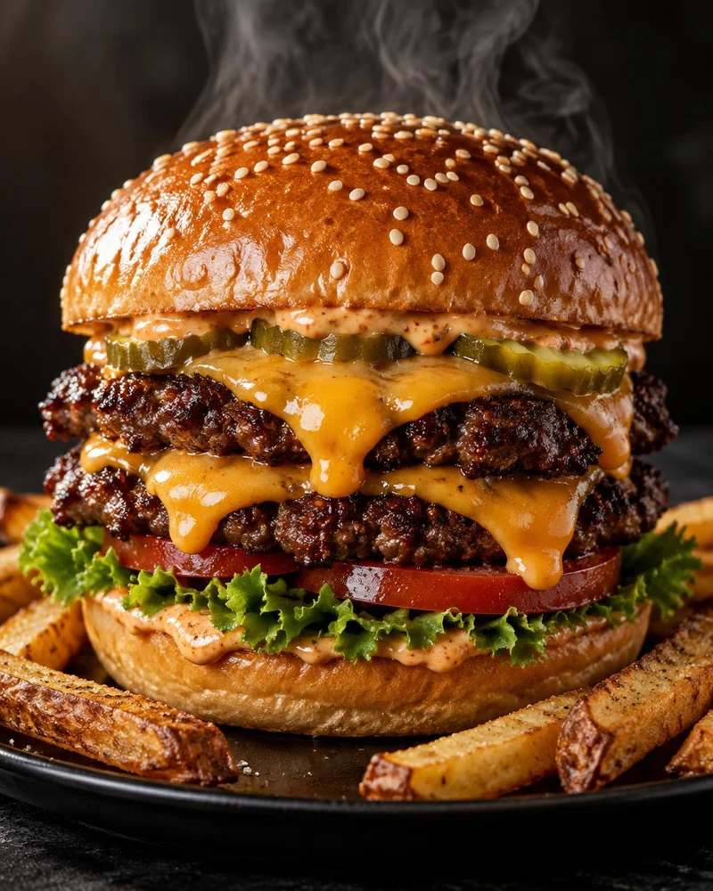 Macro publicitária de hambúrguer com carne grelhada, cheddar derretido e vapor sob luz dramática